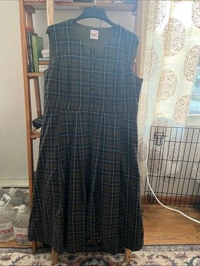 Sleeveless Plaid Midi Dress in Dark Green by Linennaive